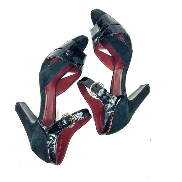 MaxMara Black Heels Suede Patent Leather Peep Toe Mary Jane Italy 40 US 10 - Picture 8 of 16